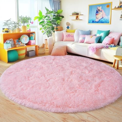 6‘x6’ Round Pink Rugs for Girls Bedroom, Ultra Soft Fluffy Circle Rug for Kids Room, Cute Shag Rugs for Living Room Playroom Tent Castle Home Decor Rug