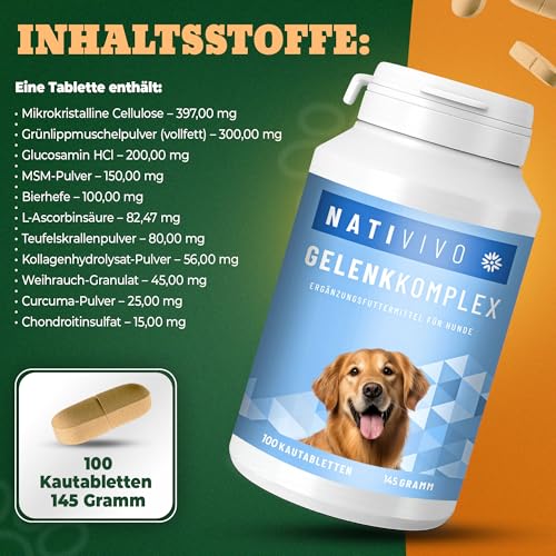 NATIVIVO Gelenktabletten Hund - Grünlippmuschel Hund - Gelenkkomplex Vital Rezeptur mit Weihrauch Teufelskralle & MSM - Grünlippmuschel Kapseln - Unterstützt Gelenke & Beweglichkeit Made in Germany