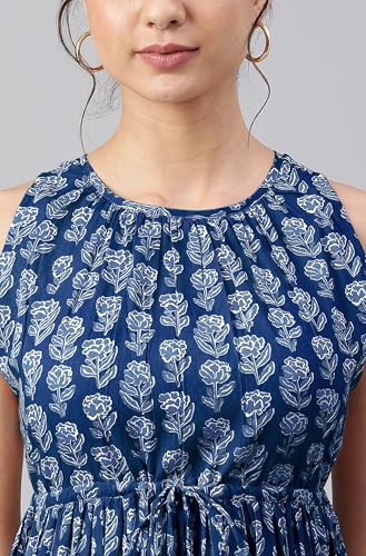 Image of Janasya Women's Cotton Floral Block Print Tiered Western Dress