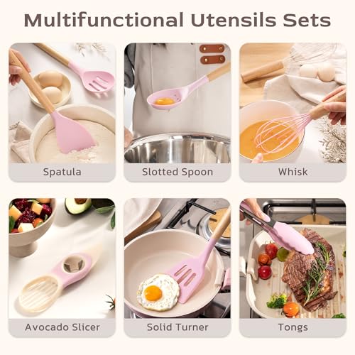 Image of Astercook Kitchen Utensils set, 39 PCS Silicone Cooking Utensils Set with Wooden Handle, 446F Heat Resistant Food Grade Utensil Sets, BPA Free Kitchen Gadgets Tools Set for Nonstick Cookware (Pink)