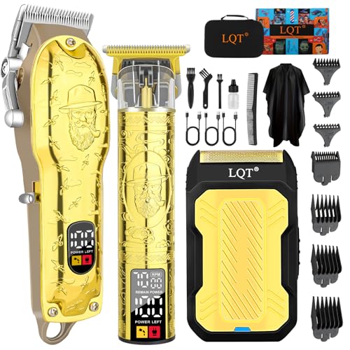 LQT Professional Hair Clipper Set for Men Electric Shaver Razor Cordless Hair Cutting Barber Clippers Beard Trimmer Men’s Grooming Kit Gifts for him (Gold)