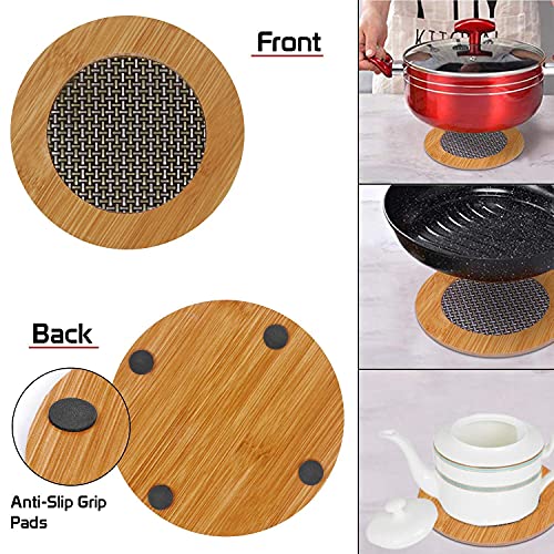 Image of Wooden Trivet for Dining Table - Bamboo Heat Resistant Pad with Anti-Slip Grip Mats, Round Hot Pot Holder and Pan Stand for Kitchen Countertop Protection