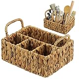 Glenmal Wicker Flatware Storage Basket Utensil Caddy Hand Woven Divided Cutlery Holder Kitchen Utensil Organizer Water Hyacinth Silverware Organizer with Handle for Countertop Party (Rectangular)