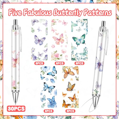Lebsitey 30 PCS Butterfly Ballpoint Pen Retractable Ballpoint Pen, 0.5mm Ball Point Pens for Office Stationery Home School Supplies for Women Teacher Gifts Black Ink, Medium Point (Butterfly, 30)