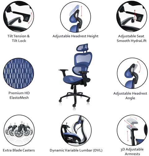Image of Nouhaus Ergo3dL Home Office Desk Chairs Ergonomic Office Chair High-Back Mesh Rolling Work Chairs with Wheels and Adjustable Headrests Comfortable Lumbar Support Adjustable Armrests (Blue)