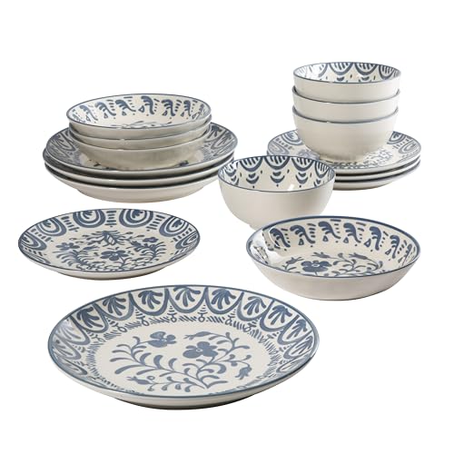 Image of Bloomhouse - 2-Time Oprah's Favorite Things - Valencia Flor 16 Piece Dinnerware Set, Artisanal Decorated Stoneware Plates & Bowls, Service for 4, Microwave & Dishwasher Safe, Iris Blue