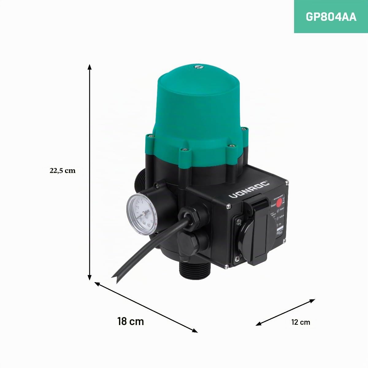 VONROC Pressostat Automatique GP804AA en Acier Inoxydable Vert – Régulateur de Pression avec Prise 220-240 V, Max 1100 W – pour Pompe de Jardin, Arrosage et Irrigation, Protection contre la Surchauffe
