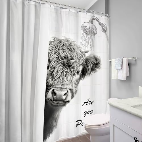Highland Cow Black White West Animal Farmhouse Bathroom Shower Curtain Set by Mitpok - Used condition - Image 4
