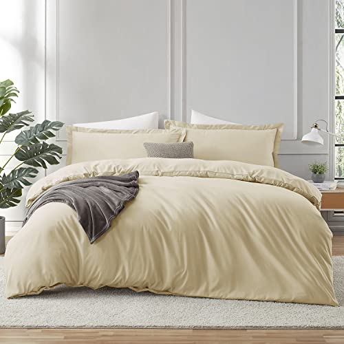 Image of Hearth & Harbor Beige Cream Duvet Cover Full Size, 3 Piece Bedding Set | Soft Double Brushed Bedding Set, Button Closure, 1 Duvet Cover 80x90 Inches, 2 Pillow Shams