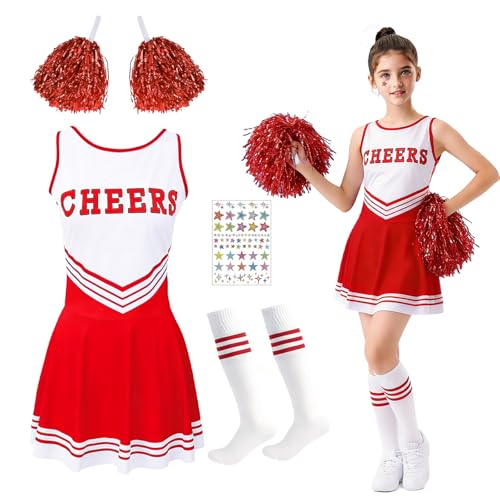 Waldspring Déguisement Pompom Girl Enfant, Costume Cheerleader Fill, Tenue Pompom Girl Enfant Uniforme avec Pompoms Cheerleader Chaussettes et 2 Autocollants, Carnaval Halloween Cosplay (Rouge, 140)
