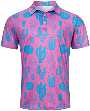uideazone Mens Polo Shirts Tropacial Hawaiian Cactus Print Tennis Golf Shirt Classic Fit Summer Breathable Tee Tops