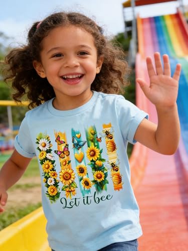 Funnycokid Little Girls Shirt 4T 5T Toddler Blue Tees Sunflowers Watercolor Stripe Animal Children Cute T-Shirt Graphic Short Sleeve Clothes Tops — view 5