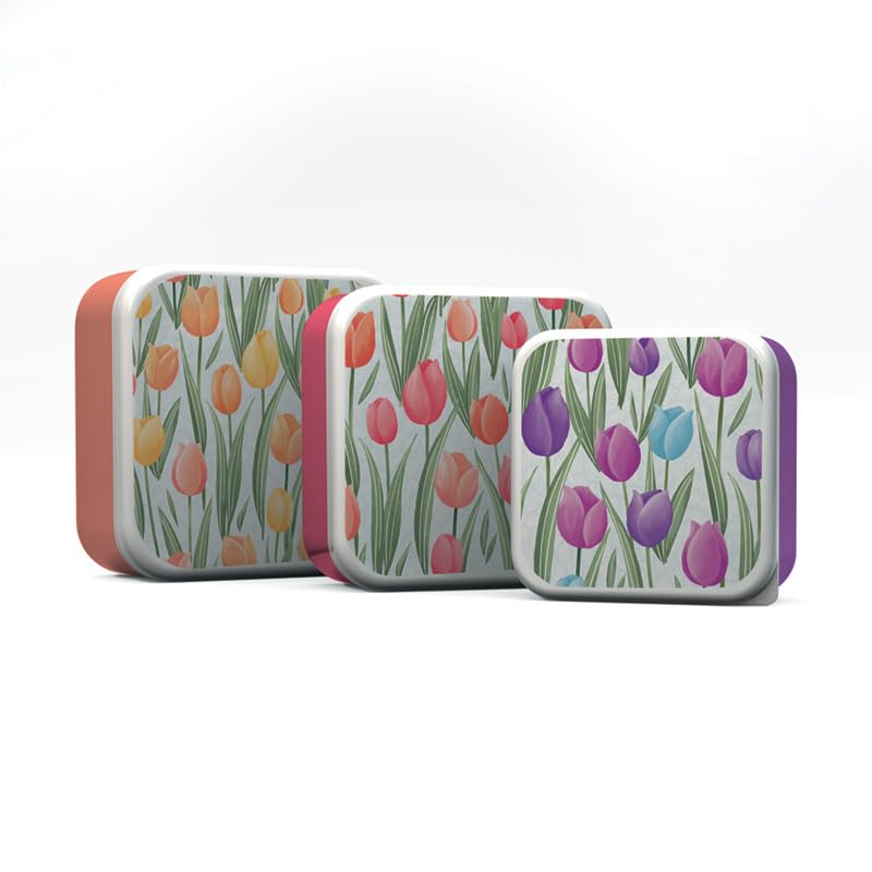 Puckator Set of 3 Lunch Box S/M/L Tulips - Lunchbox with Multi Compartments - Small Food Containers - Girls Boys Lunchbox for Adults and Kids Snack Storage