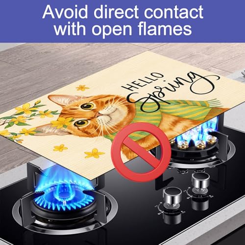 Image of HOMETITUTE Spring Cat Stove Top Covers for Electric Stove 28x20 Inches Heat Resistant Glass Cooktop Protector Pad Decorative Stovetop Cover Dish Drying Mats for Kitchen Countertop Coffee Bar Decor