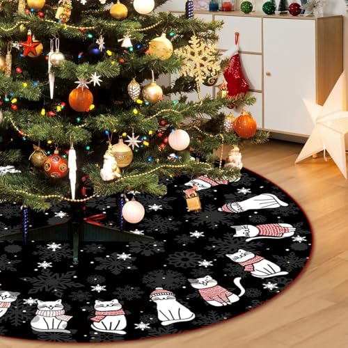 Mizoxy 1 Piece 122 cm Large Christmas Tree Skirt, Round Tree Blanket with Black Cat Design, Festive Tree Base Cover for Merry Christmas Party Decorations