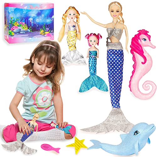 Mermaid Princess Doll Playset with Little Mermaid Doll for Girls, Mermaid Gifts for Girls with Shining Seahorse and Dolphin Bath Toys and Doll Clothes Accessories, Mermaid Toys for Girls Age 3 4 5 6+
