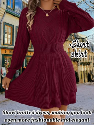 Women's Short Sweater Dress, Cinched Waist Long Sleeve Crewneck Cable Knit Dresses, Fall Winter Casual Outfits4