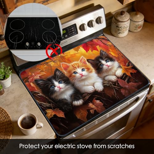 Image of Nuxovilar Kittens Leaves Stove Cover Diatom Mud 20.47x28.34 In | Glass Protector Countertop Mat Counter Saver Cooktop Cover Kitchen Home Dining Area Room (Kittens Autumn Leaves)