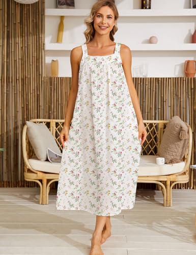 Image of SWOMOG Women's Cotton Nightgowns Sleeveless Night Gown Embroidery House Dress Soft Long Nightdress with Pockets