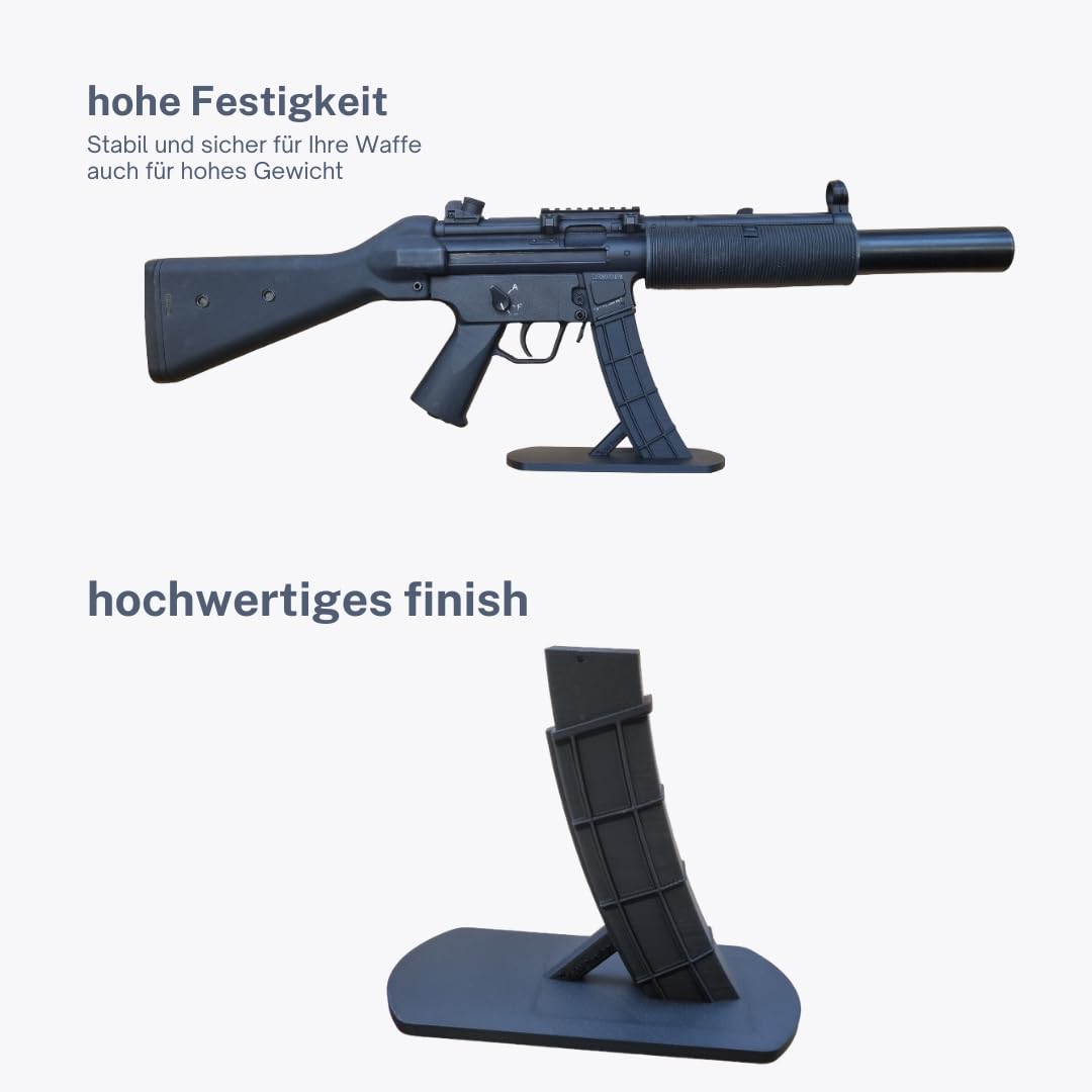 Generisch Waffenständer für MP 5 Modelle (Airsoft - Replika) – Hochwertiger Waffendisplay mit täuschend echtem Magazin, funktionierendem Magcatch und stabiler Standplatte - Cyma kompatibel