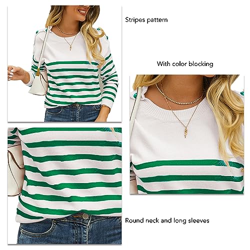 Suéter Feminino Listrado de Malha, Gola Redonda, Estilo Casual, Cor Bloqueada, Suéter Listrado Femin