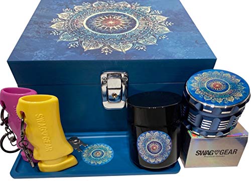 Blue Mandala Stash Box Combo - Large Stash Box with Lock - Locking Wood Stash Box Combo - Comes with Jar and Tray (Blue Mandala)