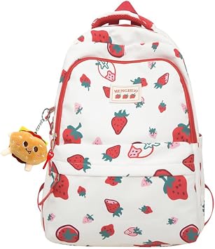 Kawaii Backpack with Cute Accessories - Waterproof Nylon Double Shoulder Bag Red