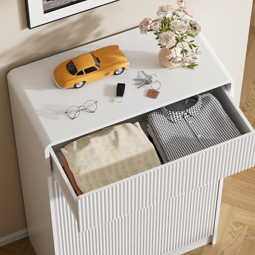 Image of Furniway White 5 Drawer Dresser for Bedroom, Curved Tall Dresser with Push-to-Open Design, Chest of Drawers for Bedroom, Living Room, Hallway, 15.7 inchD x 32 inchW x 47.2 inchH