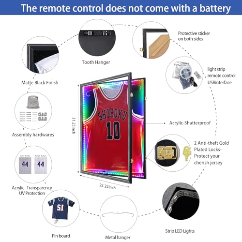 Image of Grintus Jersey Frame Display Case,Lockable with Colorful Led Lights Display Box for Jersey Display with UV Protection Acrylic and Hanger for Baseball Basketball Football Hockey Sport Shirt,Black