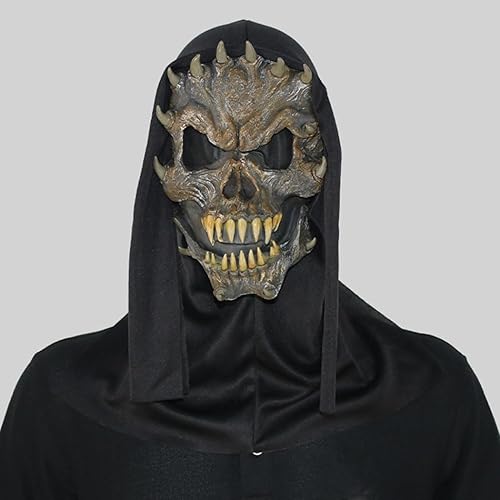 Miniatura 6 de Outyua Máscara de Halloween sonriente aterradora, cuernos espeluznantes, calavera fantasma, máscara de cara completa con teet afilado, disfraz de