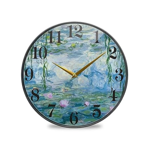 Round Wall Clock Water Lilies Claude Monet Oil Paintings Flowers Silent Non Ticking 12 Inch Quality Quartz Battery Operated Desk Clock for Home,Office,Kitchen