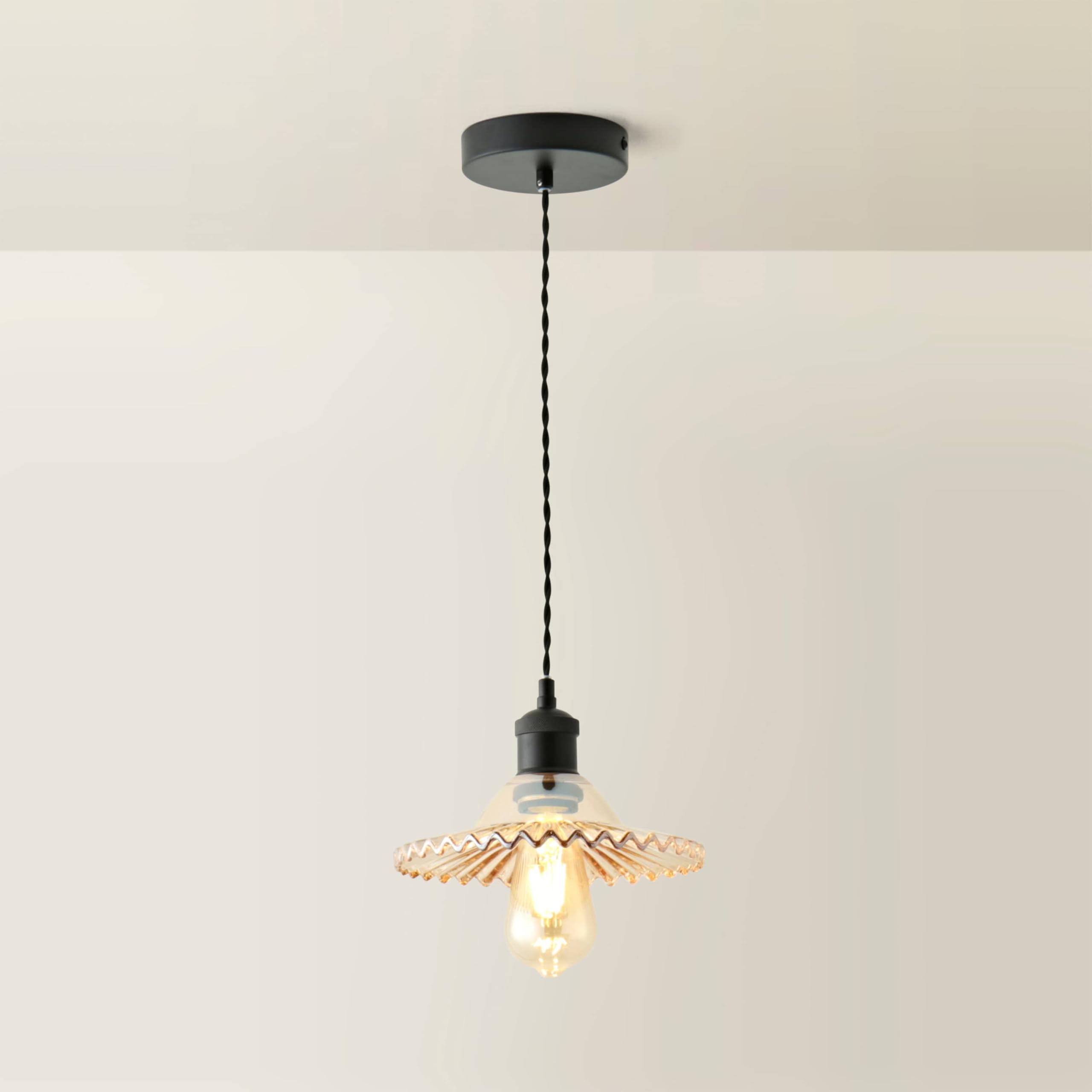 ValueLights | Black Hanging Ceiling Pendant Light Fitting with Amber Frilled Glass Lampshade | Pendant Lights, Home Décor & Improvement Essential | Mains Wired