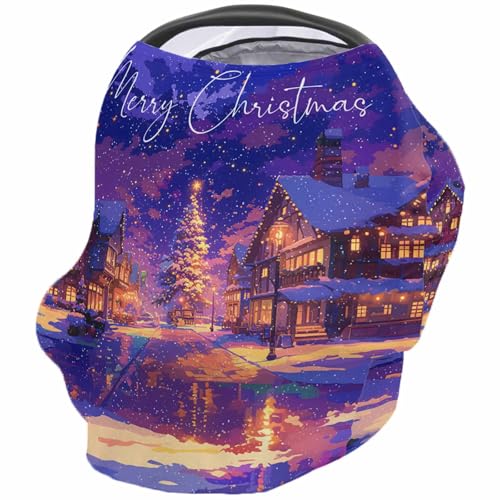 Nursing Cover for Breastfeeding Scarf, Merry Christmas Cartoon Purple Street Houses Trees Baby Car Covers Super Soft Multi Use for Canopy Shopping Cart Cover Blanket Stroller Cover
