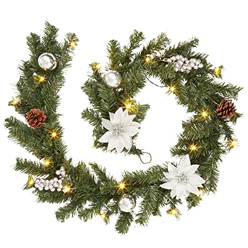 Artificial Lighted Christmas Garland, 6 FT Battery Operated Xmas Garland with Lights, White Flower and Sliver Berry Decorations Garland for Fireplace Banister Fence Decor