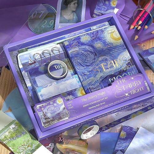 Image of VIBE VISTA Vintage Aesthetic Scrapbook Kit,346 Pcs,A6 Grid Notebook,Washi ,Envelopes,Scrapbook Papers,Folding Labels,Background Papers,Photo Frames,Calendar Stickers,Stickers (The Starry Night)