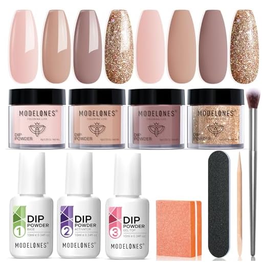 Modelones 11 Pcs Dip Powder Nail Kit Starter 4 Colors Nude Skin Tones Gold Glitter Neutral Acrylic Dipping Powder Liquid Set with Base Coat&Top Coat Activator for French Nail Art Manicure DIY Salon Gift Set