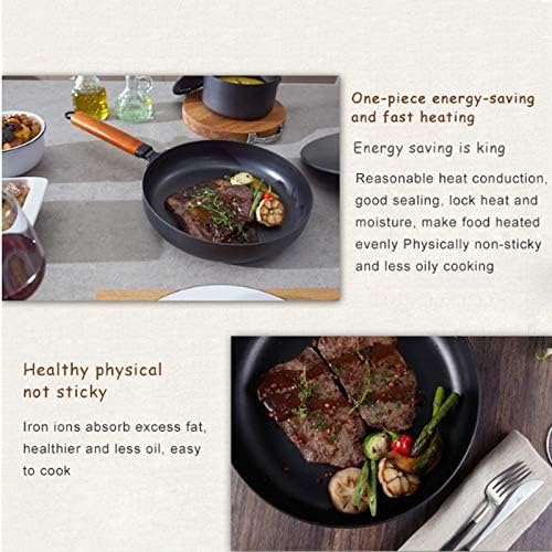 Ancient Pharaoh Iron Pan Household Mini Frying Non-Stick Cast Iron Pan Multi-Function Wok Pizza Pans Wooden Flat Bottom,