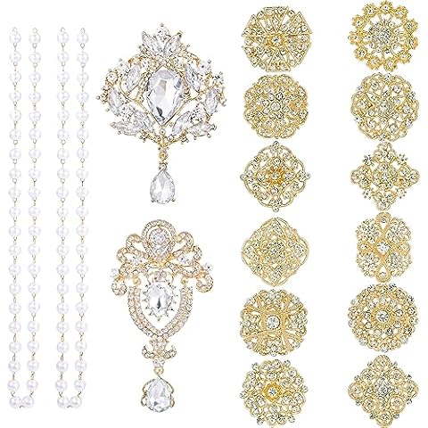 MEEDOZ Bridal Wedding Bouquet Bulk Gold Brooches for Women Fashion, 14 Pieces Crystal Rhinestone Flower Brooch Pin Sets for DIY Craft Party Cover