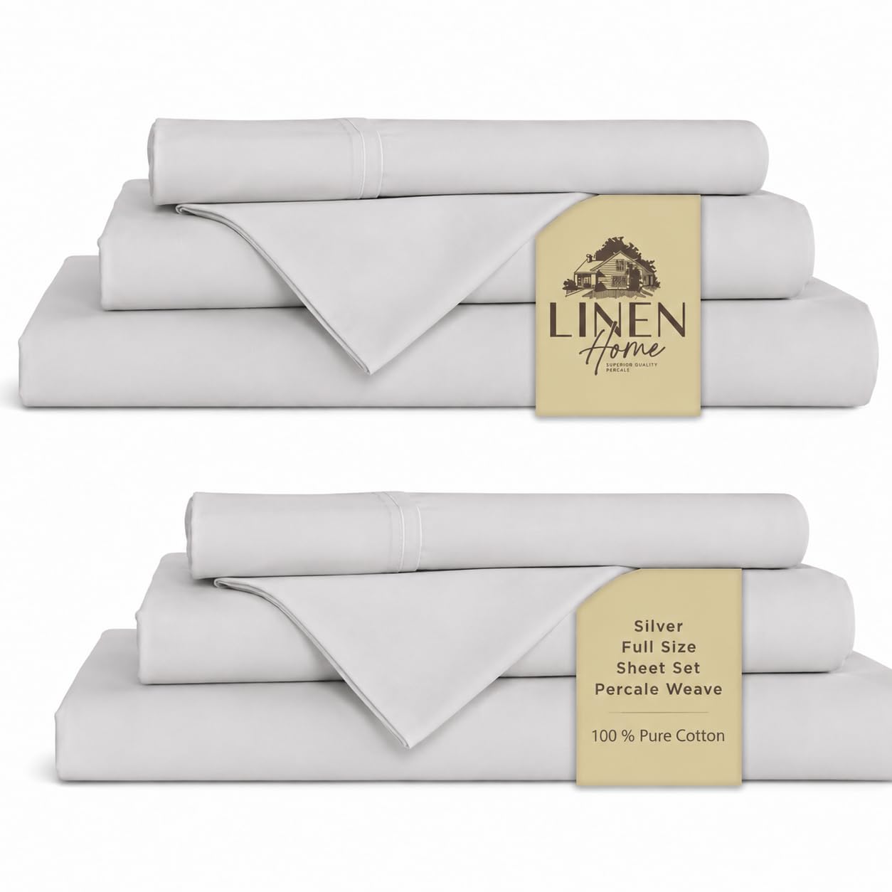 Linen Home 2-Pack Full Sheet Set, 100% Cotton Percale Bedding, 8-Piece Value Bundle, Deep Pocket Cooling Bed Sheets for Hot Sleepers, Breathable &amp; Crisp Hotel Quality, Long-Staple Cotton, Silver