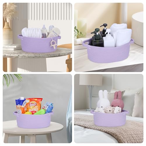 Image of Baby Gifts Basket Empty with Gifts Bag and Ribbon12 inchx8 inchx5 inch Cute Gifts Basket to Fill Easter Basket Birthday Basket Small Woven Cotton Rope Basket Baby Toy Baske(purple, regular)