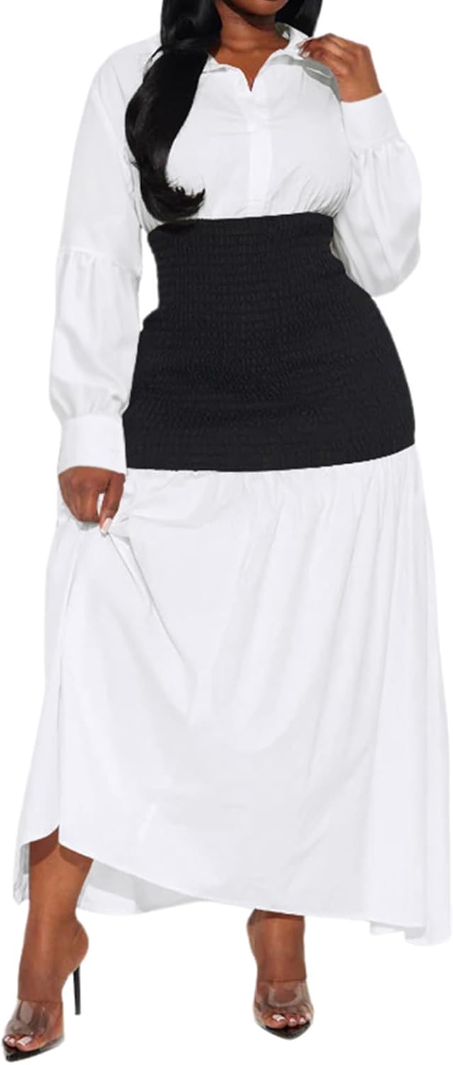 Ekaliy Women's Puff Long Sleeve Shirt Dress Elegant Button Down Loose Swing Party Maxi Dress - Image 6