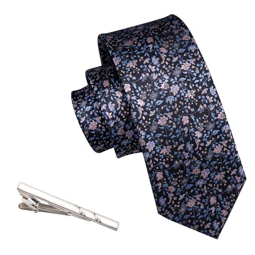 Image of Barry.Wang Floral Ties for Men Flower Necktie with Tie Clip Formal