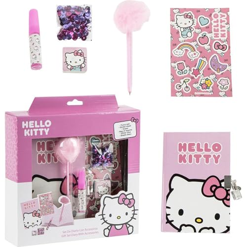 Diario Set Hello Kitty – Set Completo con Diario, Fuzzy Pen, Stickers y Accesorios de Papelería
