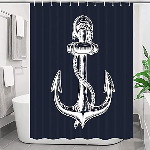 Nautical Navy Blue Anchor Shower Curtain for Bathroom, Fabric Shower Curtain Set, Shower Curtain with 12 Hooks 69X70IN Cover