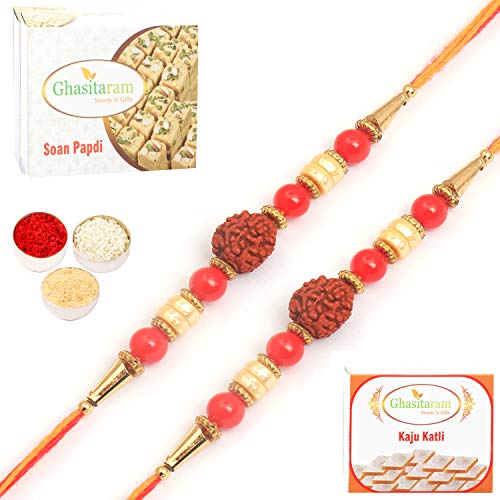 Ghasitaram Gifts Rakhi for Brother Rakhis Online – Set of 2-6125- Rudraksh Rakhi with 200 gms of Kaju katli and 200 gms of Soan Papdi Ghasitaram Gifts Rakhi for Brother Rakhis Online – Set of 2-6125- Rudraksh Rakhi with 200 gms of Kaju katli and 200 gms of Soan Papdi
