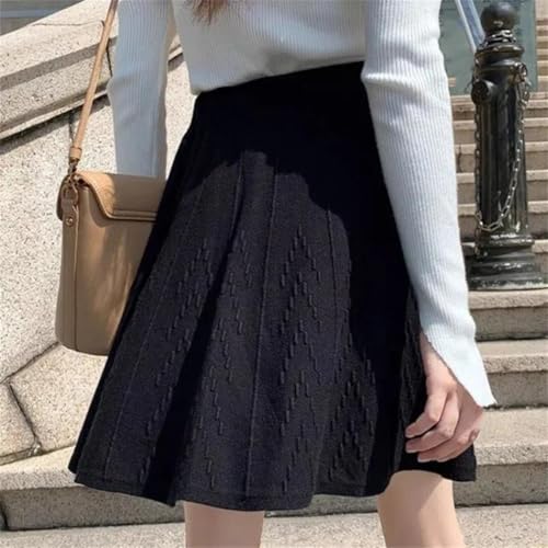 French Style Women's Solid Elastic High Waist Office Lady Slim Knittd A-Line Pleated Skirt4