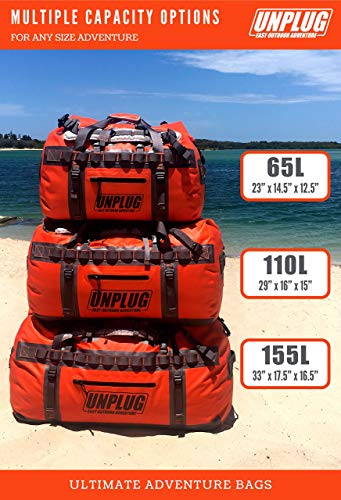 Unplug Ultimate Adventure Bag -1680D Heavy Duty Waterproof Duffel Bag for Boating, Motorcycling, Hunting, Camping, Kayaks or Jet Ski. Gets Gear Through Any Conditions (155L, Adventure Orange)
