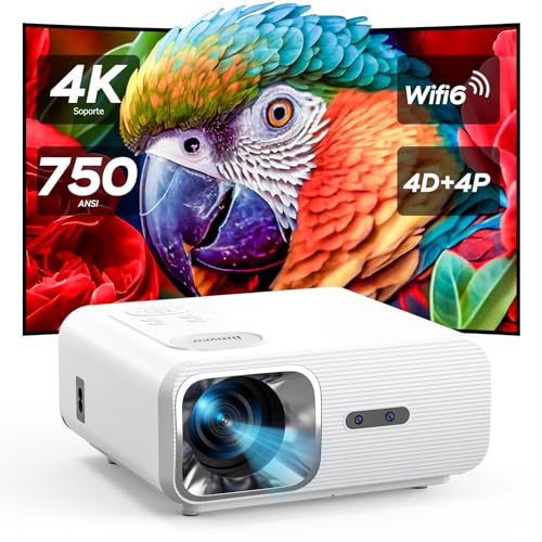 【AI Auto Focus/ Auto 4D Keystone】Proyector 4K WiFi6 Bluetooth 25000 Lúm Full HD 1080P Jimveo 4K Proyector Soporte Función Zoom Cine en Casa con Evitación Objetos [Adaptación Pantalla] para IOS/Android