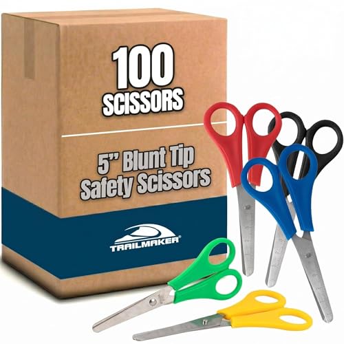 Trail maker (100 Pack) Kids Safety Scissors 5-Inch Blunt Tip Assorted Color Classroom Scissors for School Supplies Arts Crafts Students & Teachers
