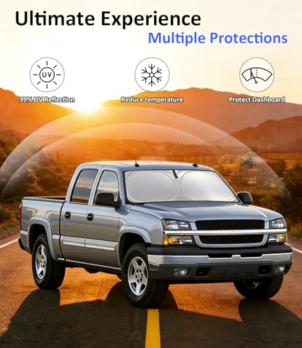 Image of Sun Shade for 1999-2006 Chevrolet Chevy Silverado /GMC Sierra Shield | Fit Silverado /Sierra 1500 2500 3500 2500HD Accessories Car Front Window Sun Visor, 240T Sunshade Protection Blocks UV Rays